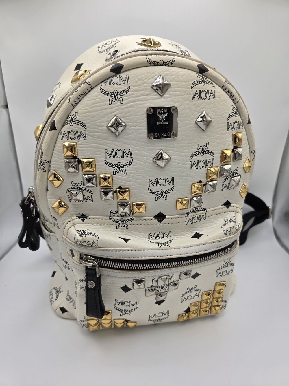 Authentic MCM White Studded Visetos Backpack